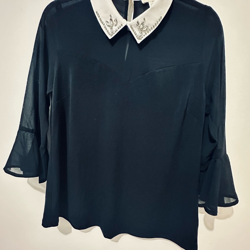 Faith and Joy Black Blouse with Embellished White Collar
